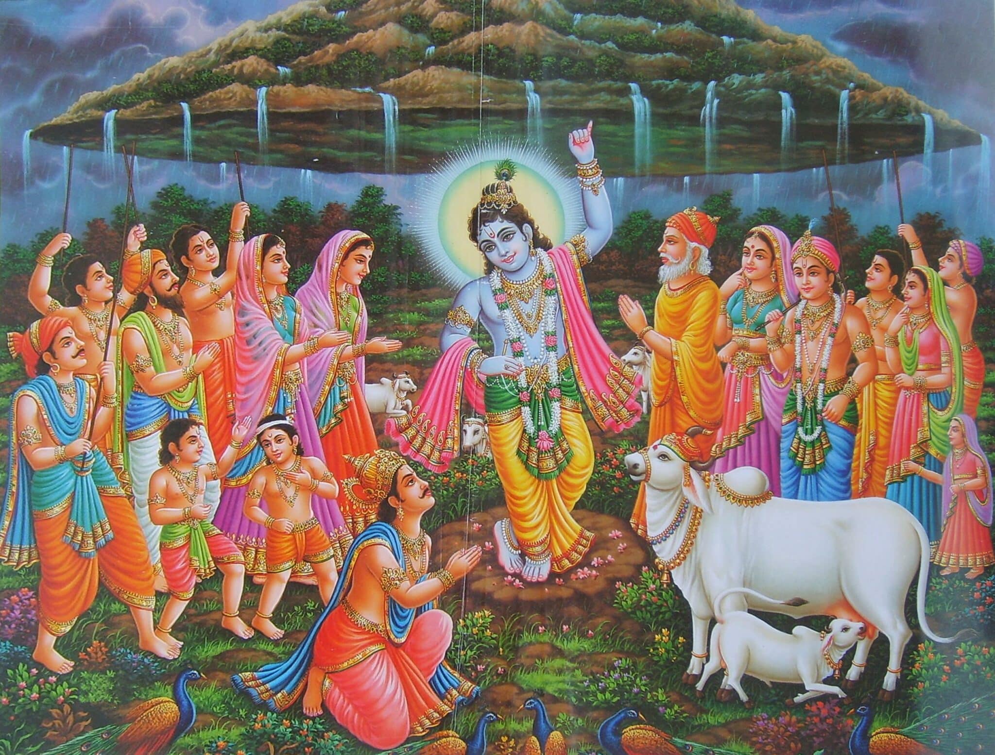 Krishna hebt den Govardhana Berg hoch