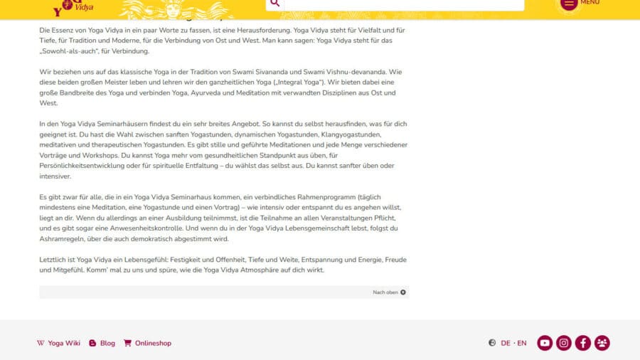 Der Footer der Yoga Vidya Website enthält seit dem Update alle Links zu unseren externen Websiten