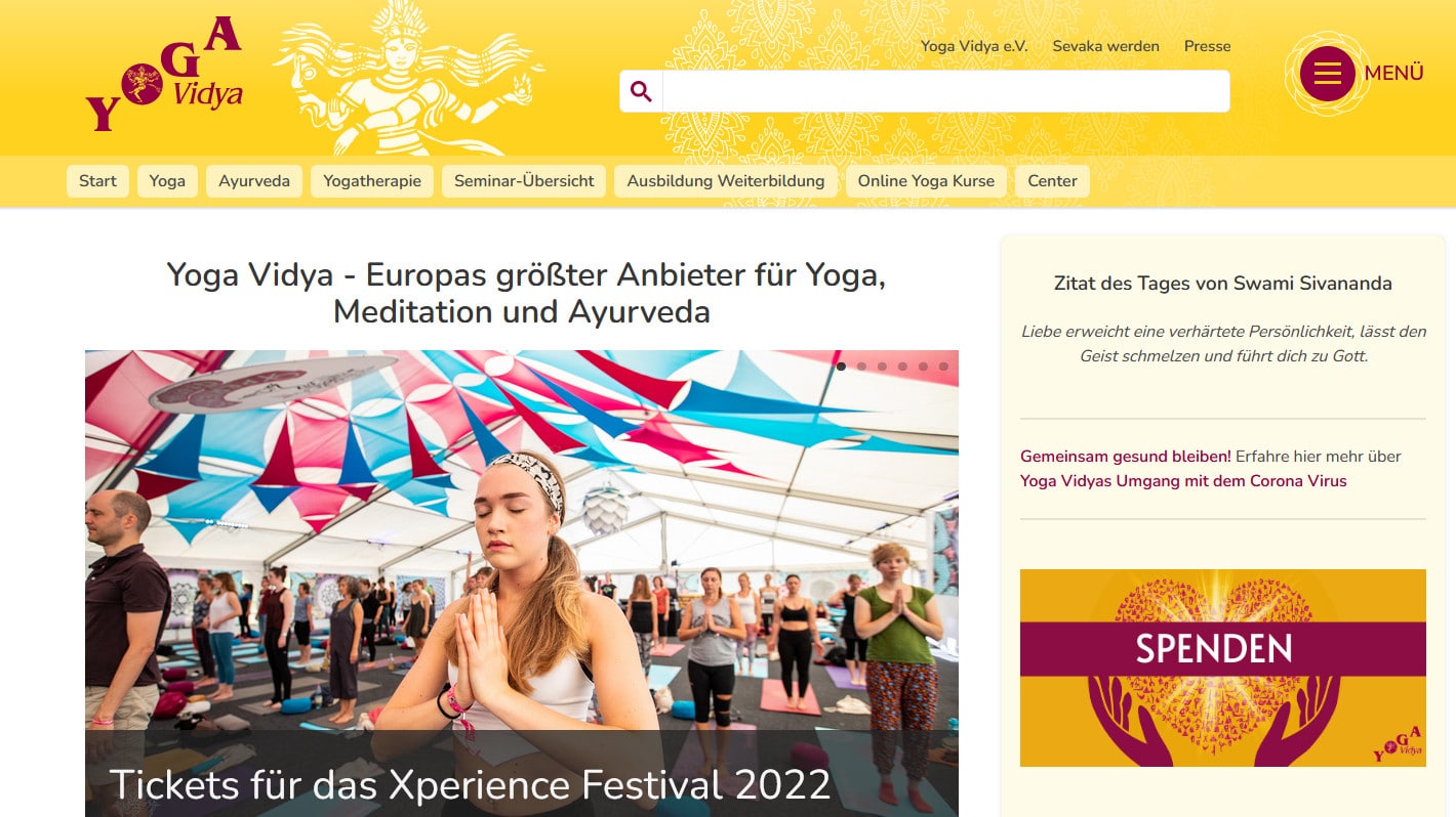 Das Menü der Yoga Vidya Website nach dem Update