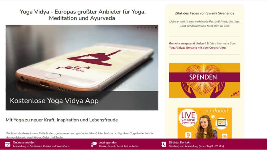 Yoga Vidya Website Update: Neue Kontaktleiste ganz unten im Bild