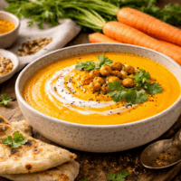 Schüssel mit ayurvedische Karottensuppe, cremig angerichtet mit Kokoscreme, Kichererbsen und frischen Kräutern auf einem Holztisch, daneben Gewürze und frische Karotten.