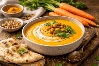 Schüssel mit ayurvedische Karottensuppe, cremig angerichtet mit Kokoscreme, Kichererbsen und frischen Kräutern auf einem Holztisch, daneben Gewürze und frische Karotten.