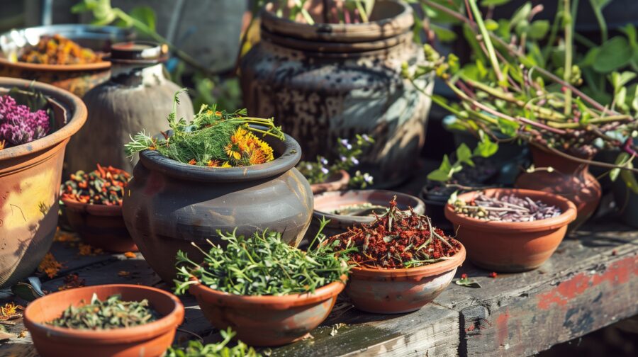 Verschiedene Schalen mit frischen Ayurveda-Kräutern und Blüten auf einem Holztisch – traditionelle Pflanzenkunde, wie sie im Ayurveda Ausbildung Vorbereitungsseminar vermittelt wird