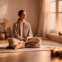 Frau sitzt in einem gemütlichen Meditationsraum im Kerzenlicht und praktiziert stille Achtsamkeit – ein Bild für Yoga Vorsätze mit Gelassenheit.