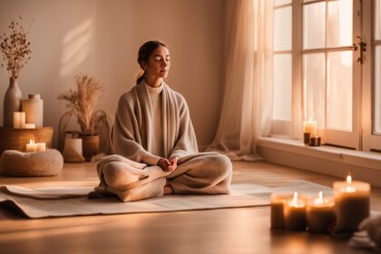 Frau sitzt in einem gemütlichen Meditationsraum im Kerzenlicht und praktiziert stille Achtsamkeit – ein Bild für Yoga Vorsätze mit Gelassenheit.