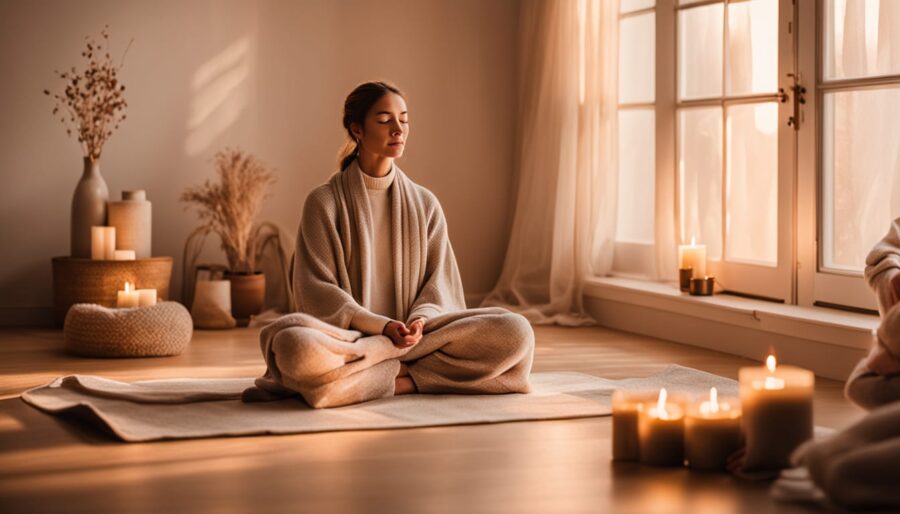 Frau sitzt in einem gemütlichen Meditationsraum im Kerzenlicht und praktiziert stille Achtsamkeit – ein Bild für Yoga Vorsätze mit Gelassenheit.