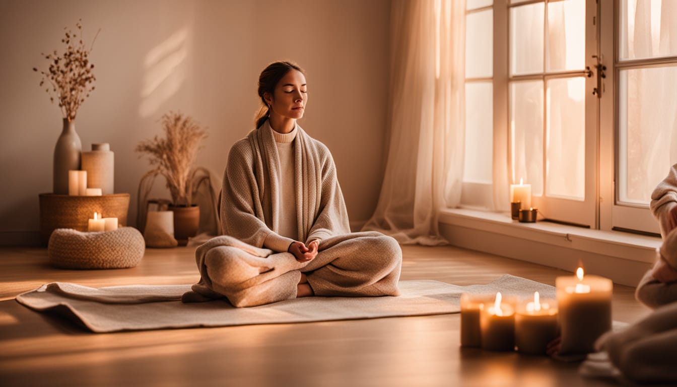Frau sitzt in einem gemütlichen Meditationsraum im Kerzenlicht und praktiziert stille Achtsamkeit – ein Bild für Yoga Vorsätze mit Gelassenheit.
