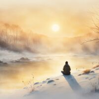 Person sitzt meditativ am schneebedeckten Flussufer bei goldenem Wintersonnenaufgang, umgeben von Nebel, Bäumen und ruhiger Natur.