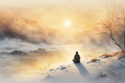 Person sitzt meditativ am schneebedeckten Flussufer bei goldenem Wintersonnenaufgang, umgeben von Nebel, Bäumen und ruhiger Natur.