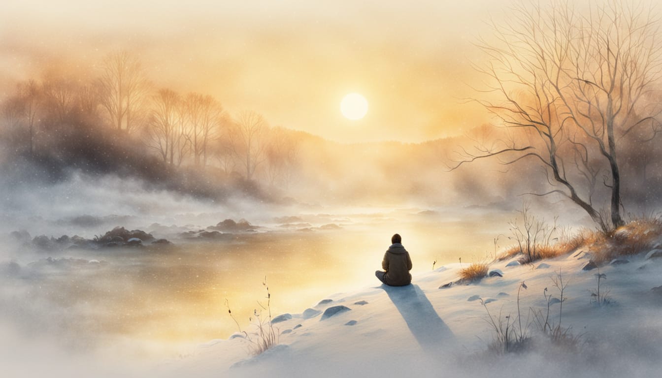 Person sitzt meditativ am schneebedeckten Flussufer bei goldenem Wintersonnenaufgang, umgeben von Nebel, Bäumen und ruhiger Natur.