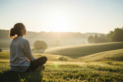 Person sitzt aufrecht im Gras und meditiert bei Sonnenaufgang in weiter Natur