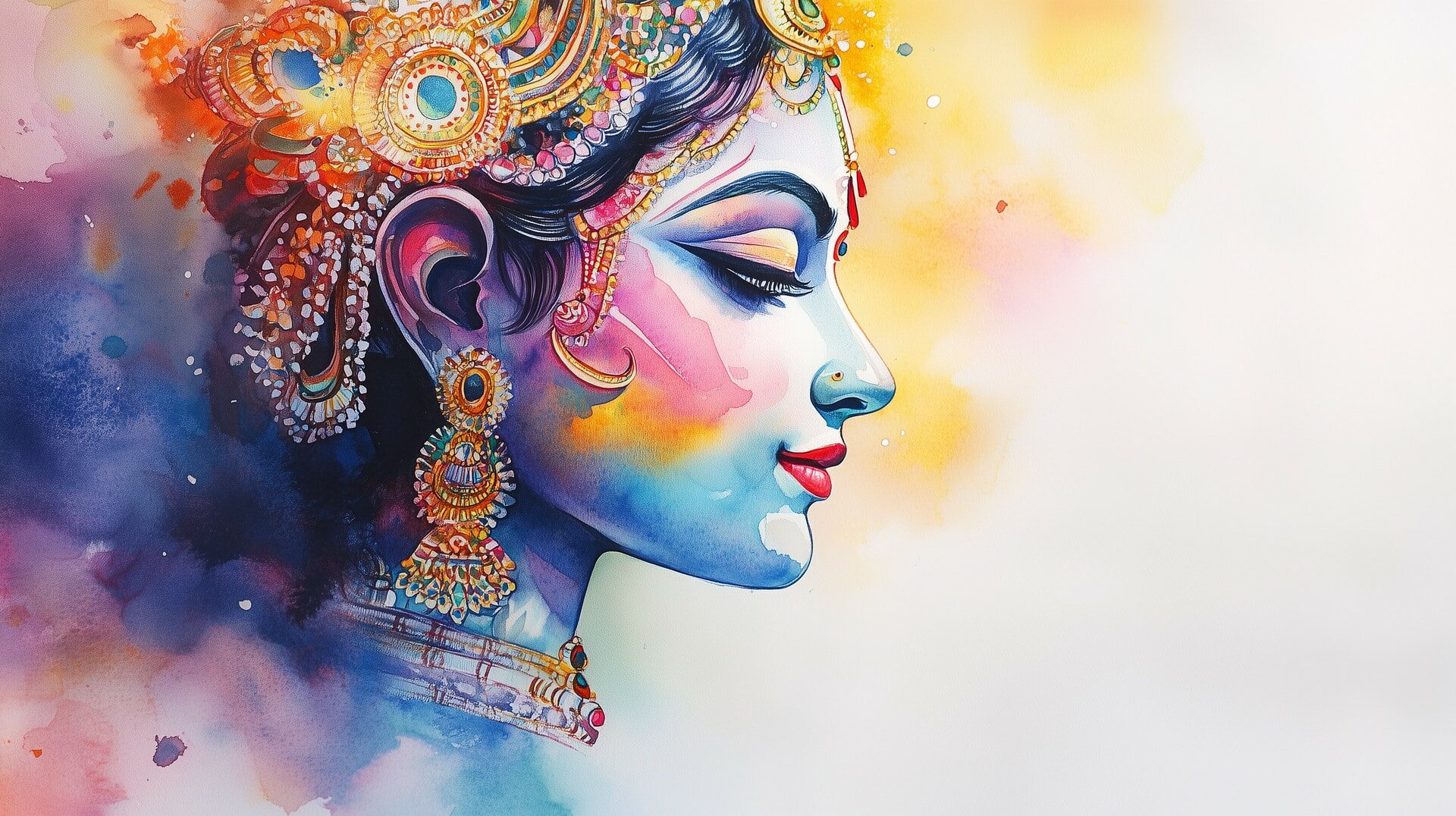 Bunte, aquarellartige Darstellung der Göttin Lakshmi im Profil mit goldnem Schmuck – Symbol für Fülle, Schönheit und Lakshmi-Segen zum Neujahr.