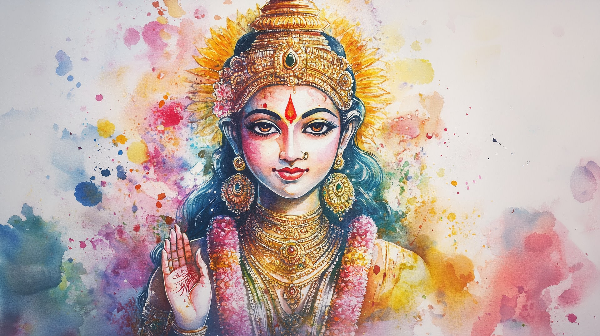 Farbintensive Darstellung der Göttin Lakshmi von vorne mit erhobener Segenshand, goldener Krone und Blütenkranz – Symbol für Fülle, Schutz und Segen.