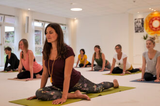 Frau bei Yoga, macht die Asana Taube