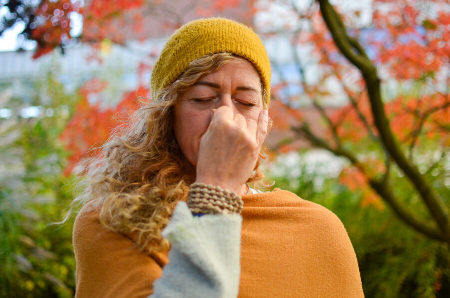 Atem-Wellen: Frau mit Anuloma Viloma Handpose