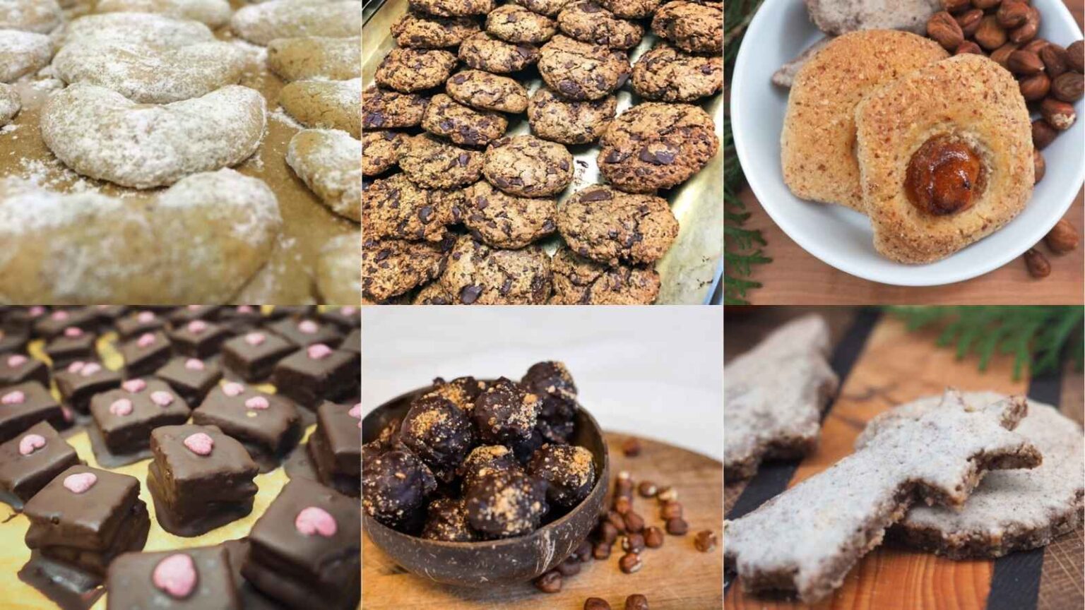 Verschiedene vegane Weihnachtsplätzchen auf einem Tisch arrangiert – Teil der Plätzchen-Rezeptsammlung von Yoga Vidya