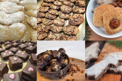 Verschiedene vegane Weihnachtsplätzchen auf einem Tisch arrangiert – Teil der Plätzchen-Rezeptsammlung von Yoga Vidya
