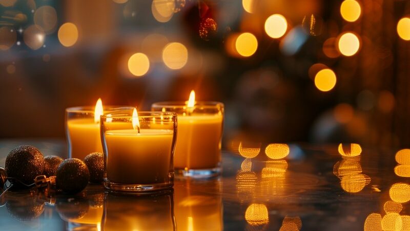 Kerzenlicht im warmen Adventshintergrund als Symbol für Ruhe und Achtsamkeit – eine stimmungsvolle Szene, die hilft, Weihnachtsstress vermeiden zu können.