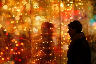 Silhouette einer Person vor warmen, goldenen Weihnachtslichtern und Reflexionen – stimmungsvolle Adventsszene für innere Ruhe und Entschleunigung.