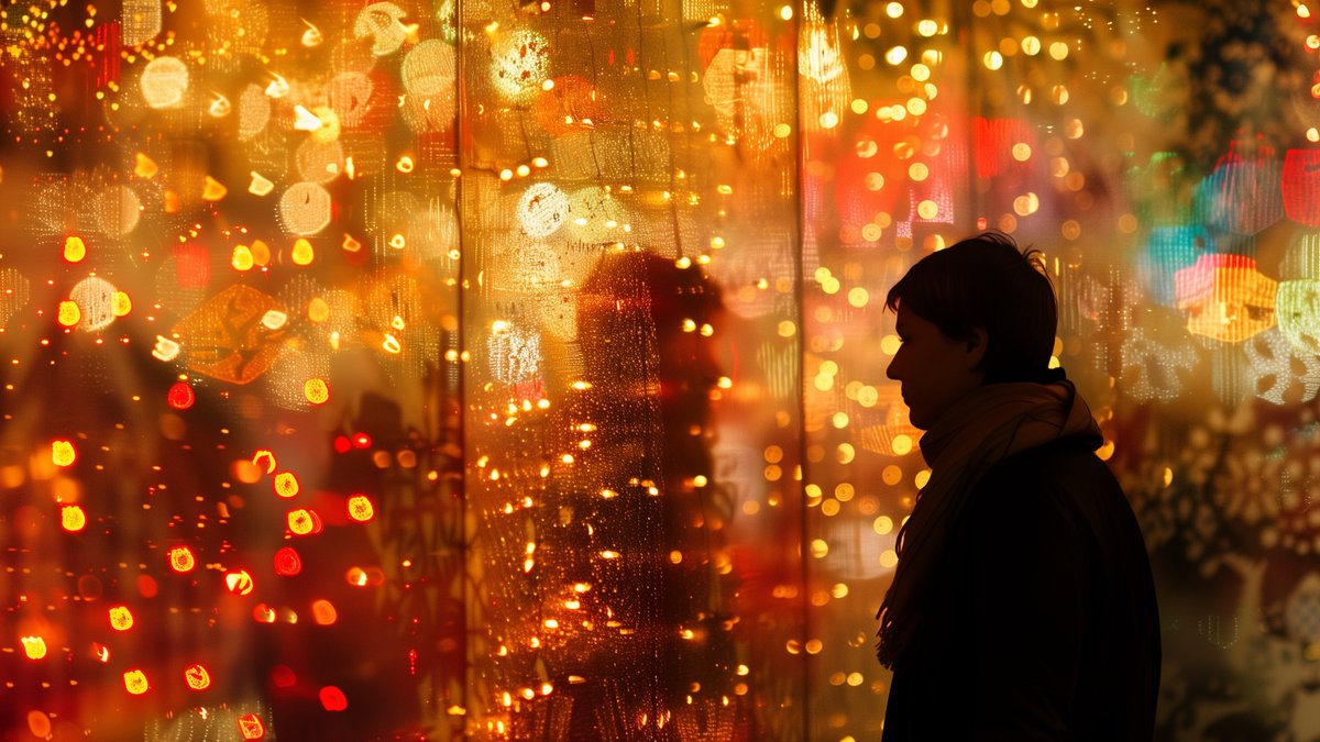 Silhouette einer Person vor warmen, goldenen Weihnachtslichtern und Reflexionen – stimmungsvolle Adventsszene für innere Ruhe und Entschleunigung.