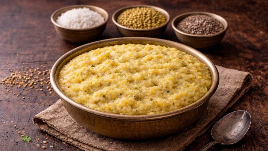 Ayurvedisches Kitchari aus Mungbohnen und Basmatireis als Detox-Gericht in einer Schale, umgeben von Gewürzen