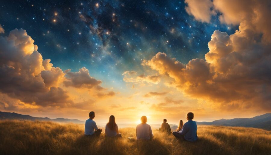 Astrologische Wetterkarte mit spiritueller Gemeinschaft in der Natur unter Sternenhimmel und goldenem Abendlicht