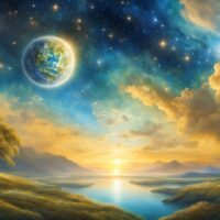 Astrologische Wetterkarte mit mystischer Landschaft, Sternenhimmel, goldenem Licht und großem Himmelskörper über Wasser und Bergen