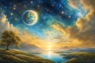 Astrologische Wetterkarte mit mystischer Landschaft, Sternenhimmel, goldenem Licht und großem Himmelskörper über Wasser und Bergen