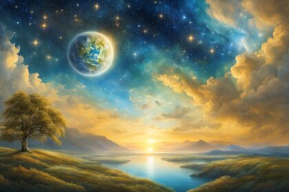 Astrologische Wetterkarte mit mystischer Landschaft, Sternenhimmel, goldenem Licht und großem Himmelskörper über Wasser und Bergen