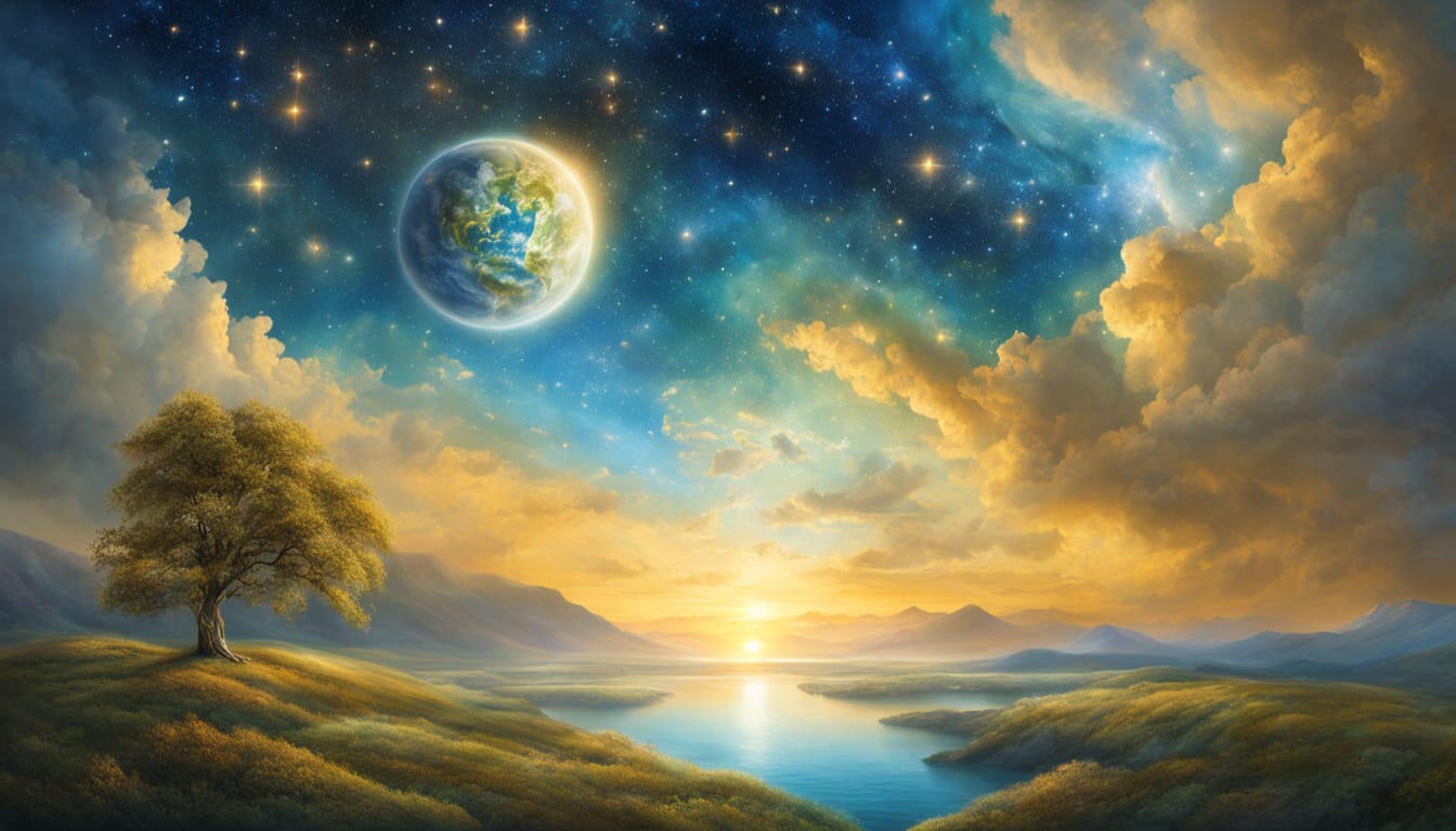 Astrologische Wetterkarte mit mystischer Landschaft, Sternenhimmel, goldenem Licht und großem Himmelskörper über Wasser und Bergen