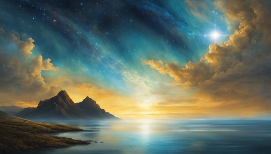 Astrologische Wetterkarte mit stiller Wasserlandschaft, Bergen, Sternenhimmel und goldenem Licht am Horizont