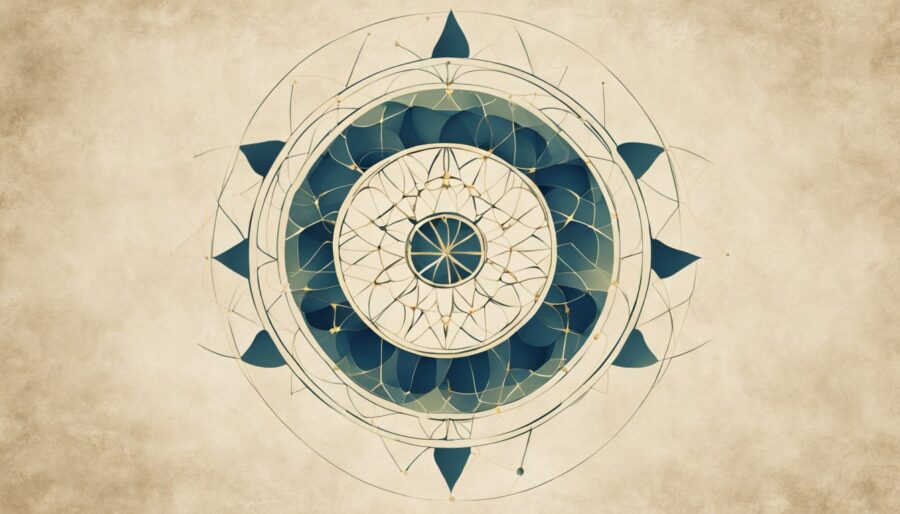 Abstraktes Mandala mit geometrischen Linien, blaugrünen Blütenformen und goldenem Zentrum auf hellem Hintergrund