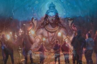 Doppelbelichtung: Shiva-Darstellung und Sommersonnwende-Feier (Litha) mit Feuer Symbol für neue Ausrichtung am längsten Tag des Jahres und Weltyogatag