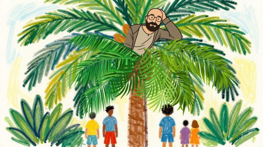 Wachsmalkreidezeichnung von Erkan Batmaz auf einer Palme, umgeben von Menschen