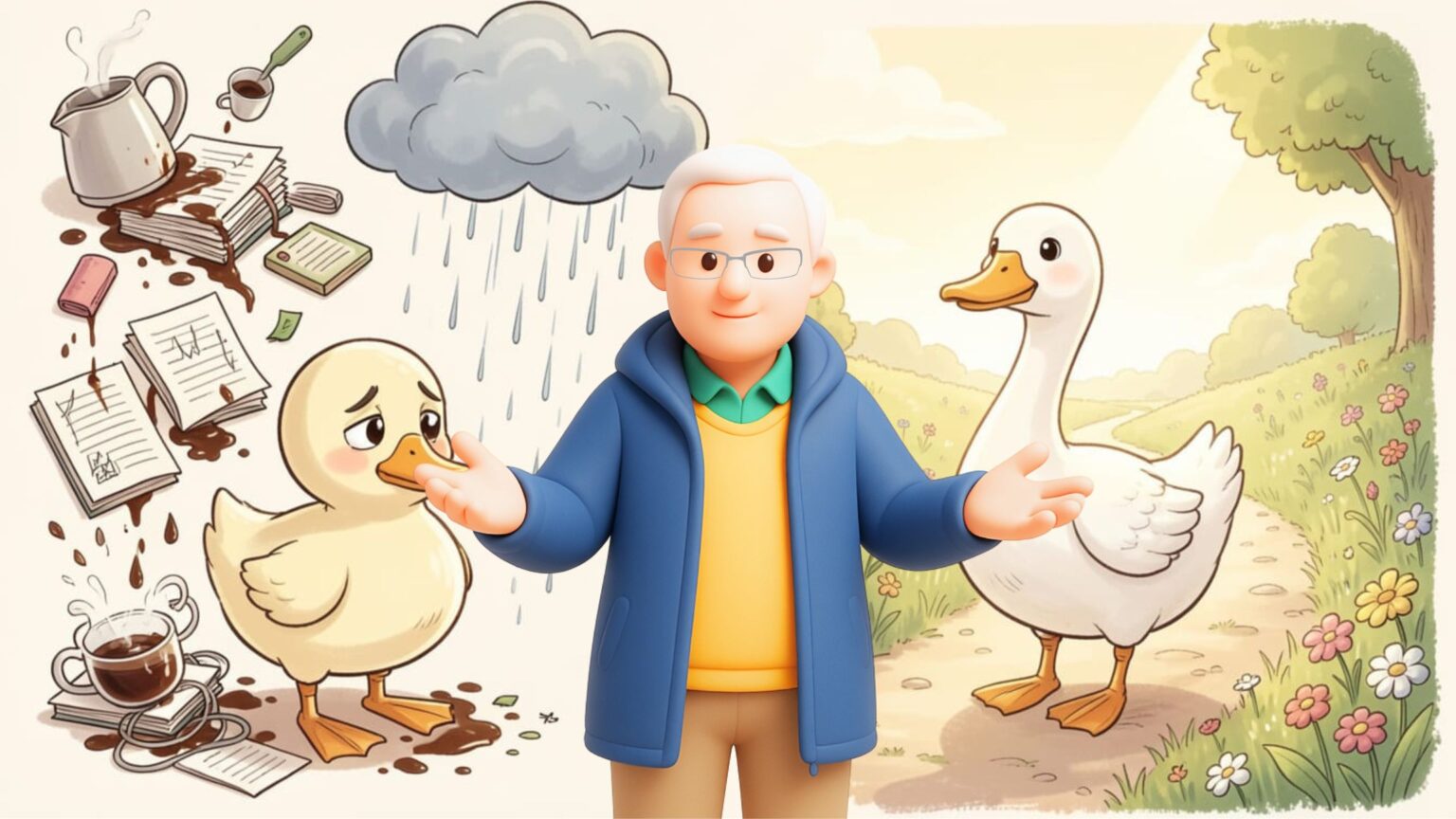 Illustration von Sukadev zwischen einem traurigen Entlein im Chaos und einer glücklichen Gans im Sonnenlicht als Symbol für Ojas und den Wandel des Schicksals.