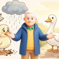 Illustration von Sukadev zwischen einem traurigen Entlein im Chaos und einer glücklichen Gans im Sonnenlicht als Symbol für Ojas und den Wandel des Schicksals.