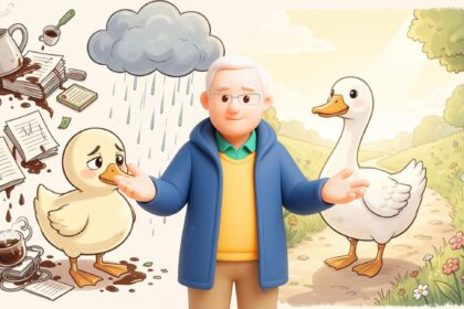 Illustration von Sukadev zwischen einem traurigen Entlein im Chaos und einer glücklichen Gans im Sonnenlicht als Symbol für Ojas und den Wandel des Schicksals.