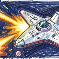 Wachsmalkreidezeichnung eines Raumschiffs, das von Lasern beschossen wird und zurückschießt