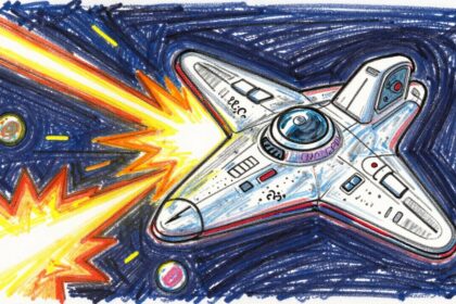 Wachsmalkreidezeichnung eines Raumschiffs, das von Lasern beschossen wird und zurückschießt