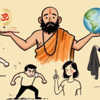 Swami hält ein aufgeschlagenes Buch und eine Weltkugel in den Händen, umgeben von symbolischen Figuren wie wütenden Menschen und Voltaire als Illustration zum Thema Entschuldigung