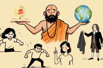 Swami hält ein aufgeschlagenes Buch und eine Weltkugel in den Händen, umgeben von symbolischen Figuren wie wütenden Menschen und Voltaire als Illustration zum Thema Entschuldigung