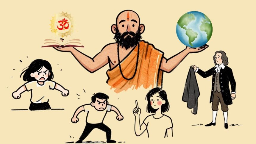 Swami hält ein aufgeschlagenes Buch und eine Weltkugel in den Händen, umgeben von symbolischen Figuren wie wütenden Menschen und Voltaire als Illustration zum Thema Entschuldigung