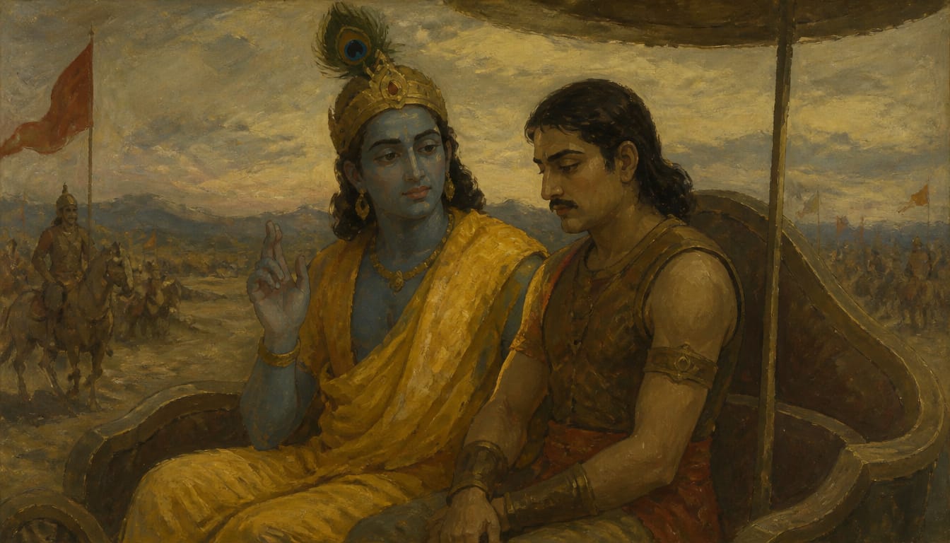 Arjuna verliert vor Schlachtbeginn seinen Seelenfrieden