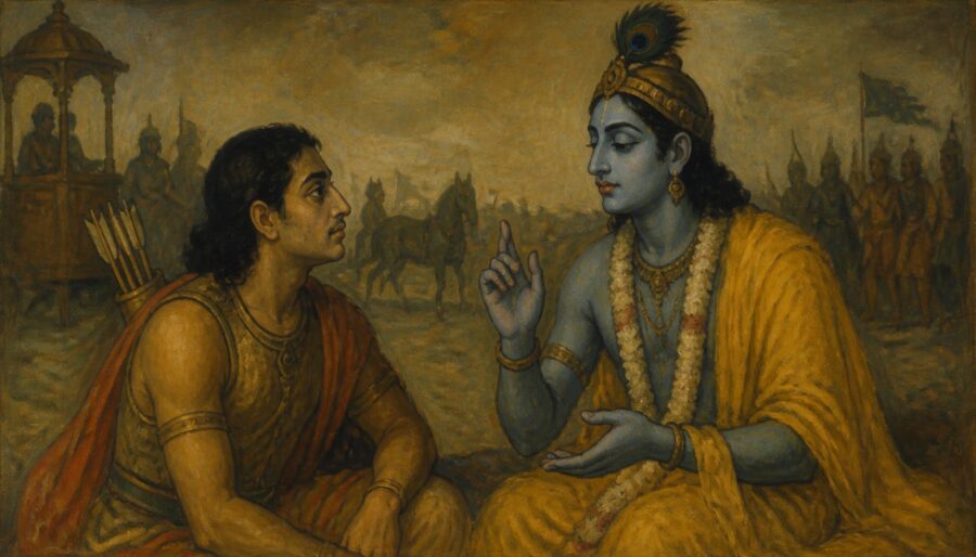 Krishna unterweist Arjuna wie man seinen Seelenfrieden findet 