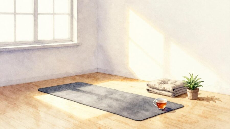 Aquarell einer leeren Yogamatte in einer sonnendurchfluteten Raumecke mit Tee und Pflanze