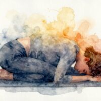 Aquarell einer Person in Kindshaltung, schwere blaugraue Farben lösen sich in warmes Gold auf