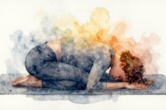 Aquarell einer Person in Kindshaltung, schwere blaugraue Farben lösen sich in warmes Gold auf