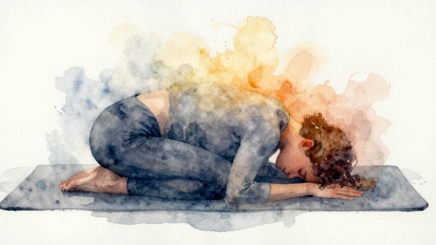 Aquarell einer Person in Kindshaltung, schwere blaugraue Farben lösen sich in warmes Gold auf