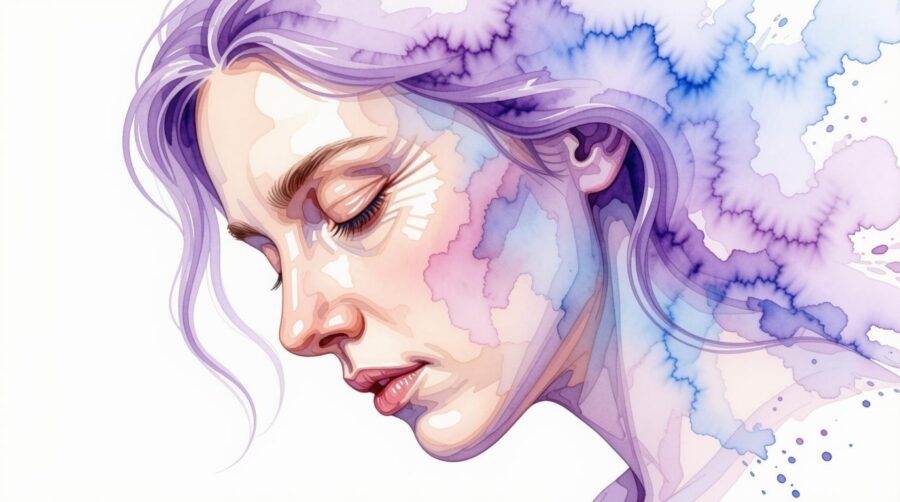 Aquarell einer vierzigjährigen Frau mit geschlossenen Augen, deren Gesicht sich in Lavendel und Blau auflös