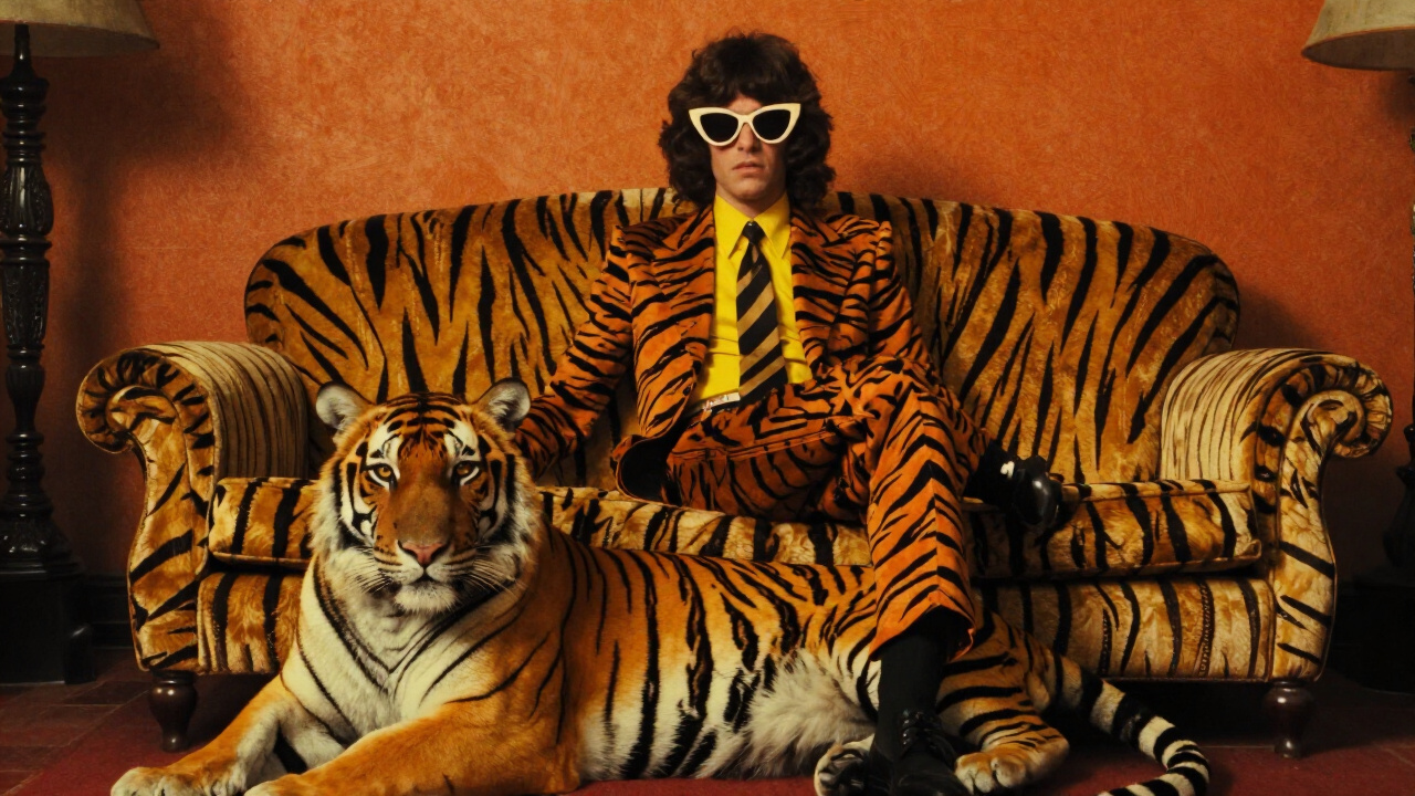 Mann im Tigeranzug auf Tigerrsofa mit Tiger